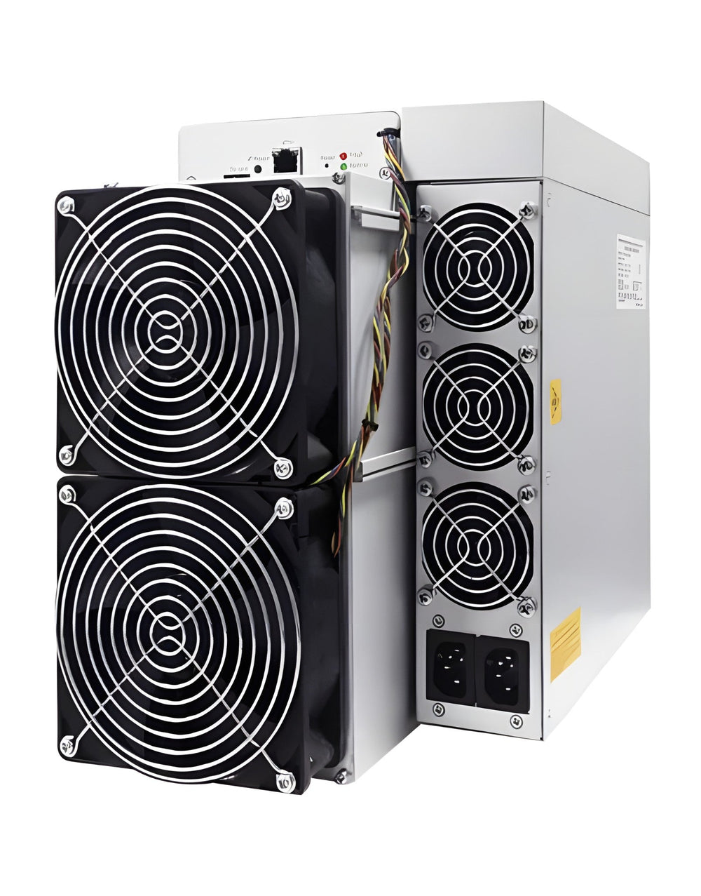 Antminer Z15 Pro 840 kSol/s 2780 W Zcash miner (Equihash): three-quarter view, fans and power supply