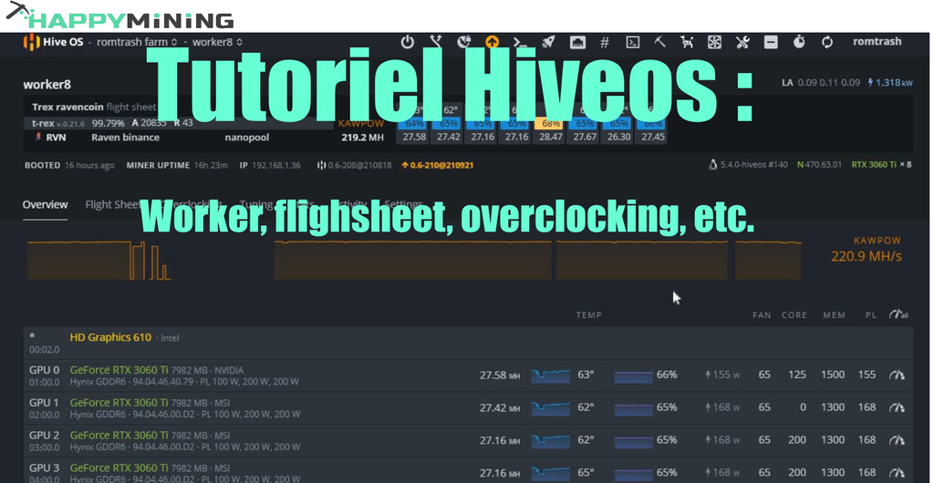 Hiveos tutorial: Config worker, flightsheet, Overclocking, etc. 