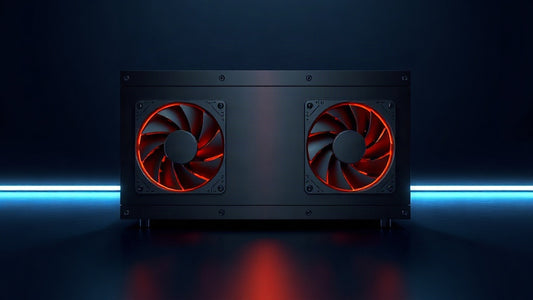 Mineur ASIC Bitcoin à deux ventilateurs éclairé en orange : comment miner du Bitcoin en 2026