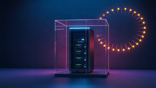 Serveur protégé dans un coffre de verre entouré d'étoiles européennes : données hébergées en France face au Cloud Act