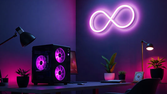 Symbole infini lumineux au-dessus d'un PC à la maison : IA gratuite et illimitée en local