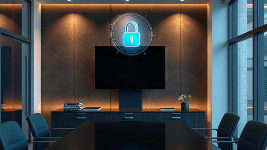 Salle de réunion d'entreprise sous un cadenas lumineux : IA locale conforme au RGPD et à l'AI Act
