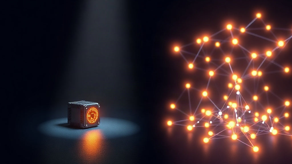Un petit mineur seul sous un projecteur face à un réseau de mineurs connectés : solo mining ou pool de minage