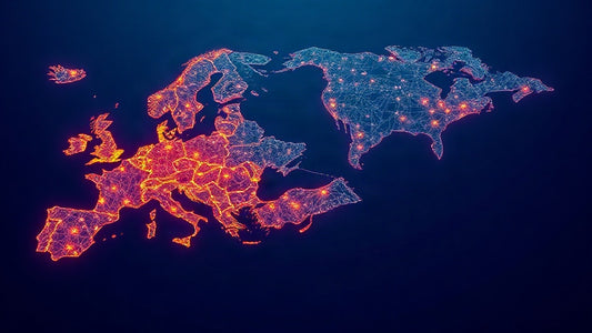 Carte lumineuse de l'Europe et de l'Amérique du Nord : souveraineté numérique et IA entre l'Europe et les États-Unis