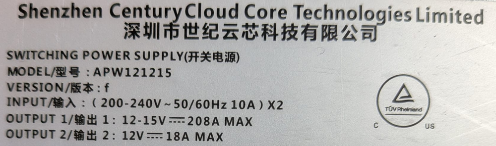 Étiquette technique alimentation  et certification TUV Bitmain APW12 1215F 4000W 220-277V – tension sortie 12-15V compatible S19 Pro et S19 XP