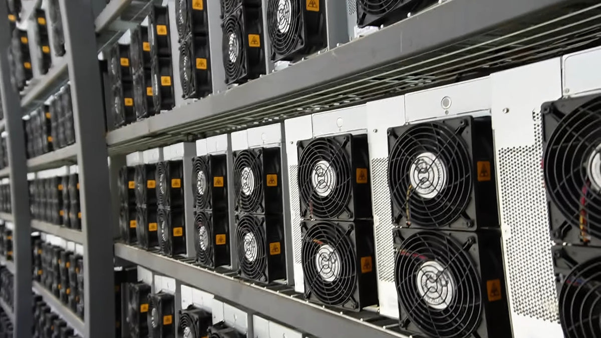 Rangées de mineurs ASIC en fonctionnement dans une ferme de minage