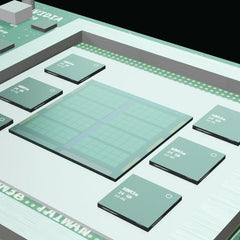 Der GH100-Chip der NVIDIA H200, umgeben von seinen sechs HBM3e-Speicherstapeln, Rendering unseres 3D-Modells
