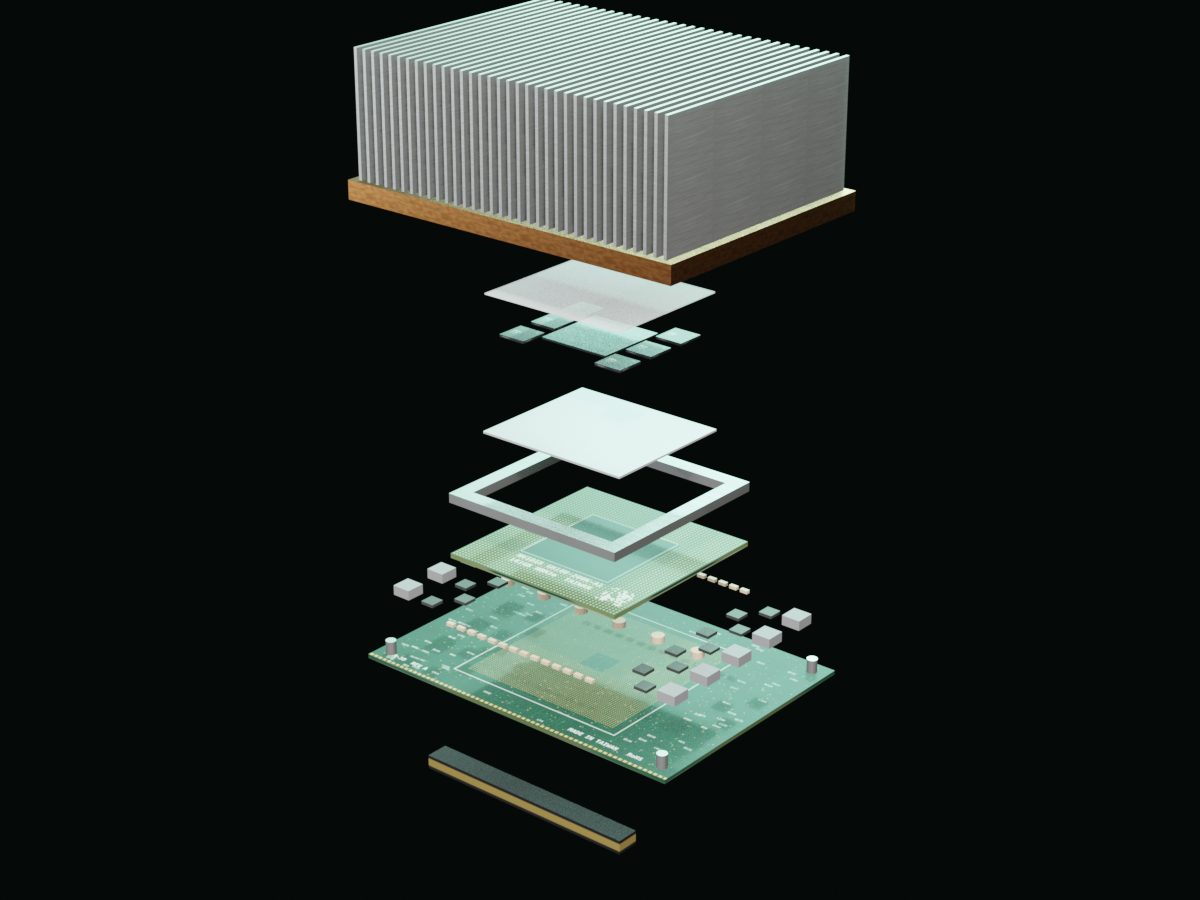 Vista esplosa 3D del modulo NVIDIA H200 SXM: dissipatore, memoria HBM3e, chip GH100, interposer, substrato, scheda SXM5 e connettori