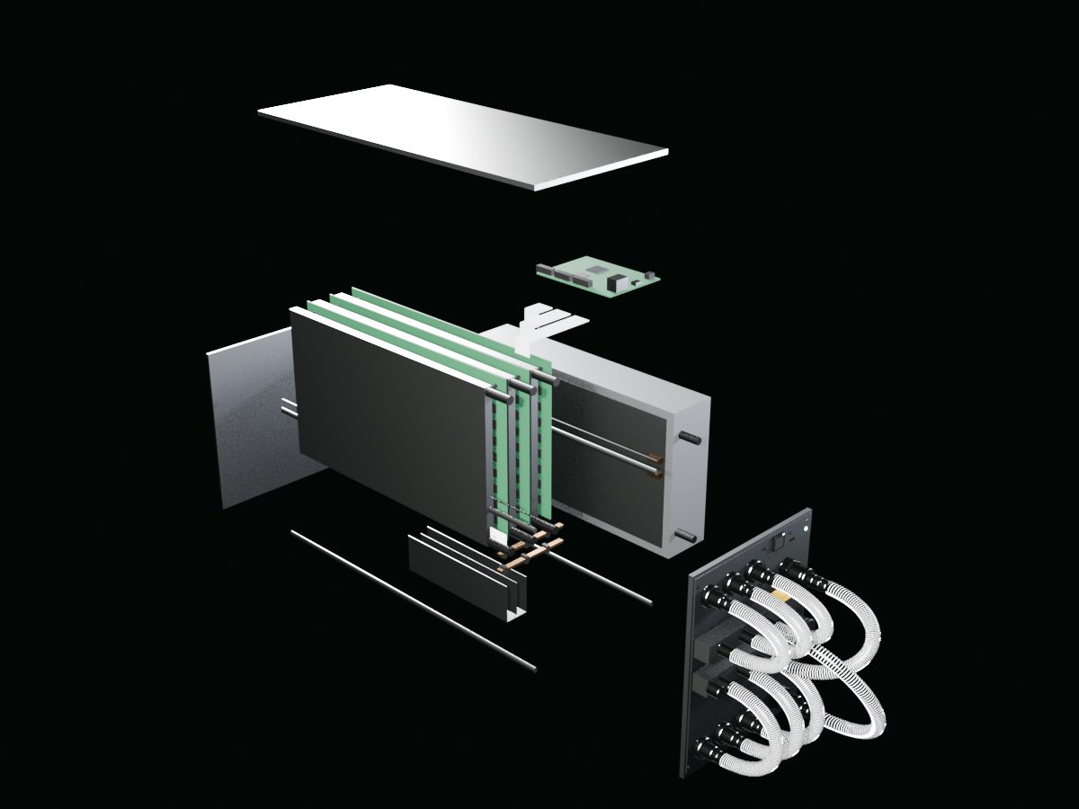 3D exploded view of an Antminer S21 Hydro: cover, control board, ribbon cables, three hashboards with their BM1368 chips and cold plates, APW11 power supply, front panel with water connections
